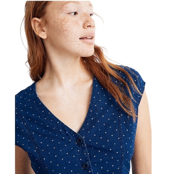 Madewell Indigo Cap-Sleeve Button-Front Dress in Rainbow Heart Women’s Size 4 - Picture 3 of 10